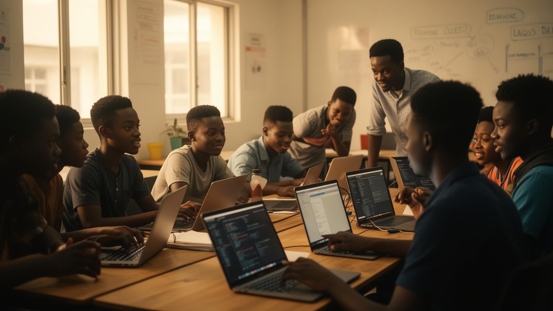 Young African learners collaborating in an EriLearn classroom